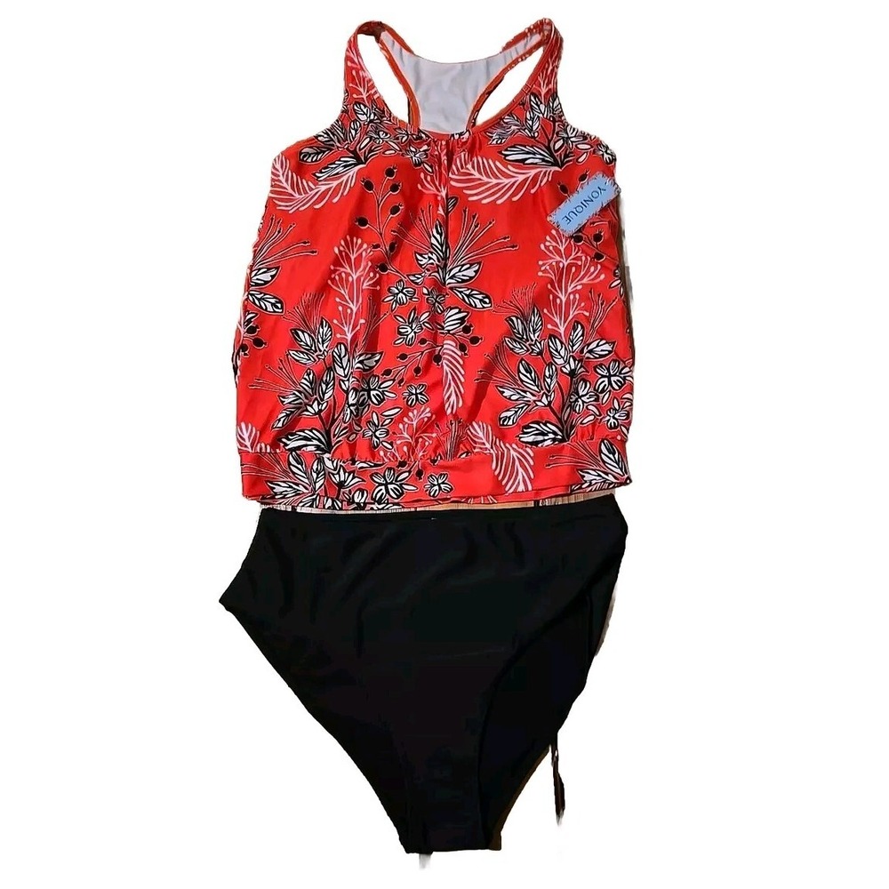 Yonique Womens Sz XXLG Tankini Swimsuit Racerback 2 Pc Floral Coral Black Resort